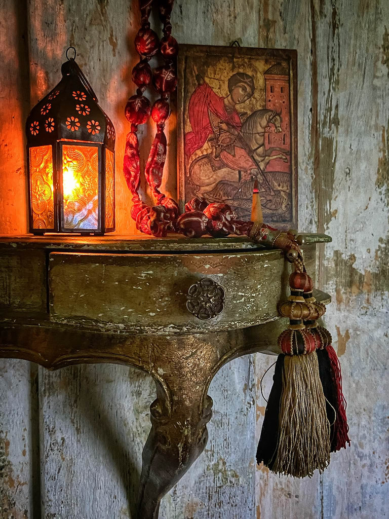 Aesthetic Movement inspired long silk sautoir necklace with antique tassel embellishment. Bohemian style from vintage textiles by Pavilion Parade. 