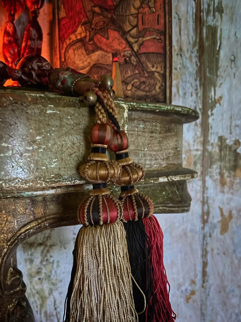 Aesthetic Movement inspired long silk sautoir necklace with antique tassel embellishment. Bohemian style from vintage textiles by Pavilion Parade. 