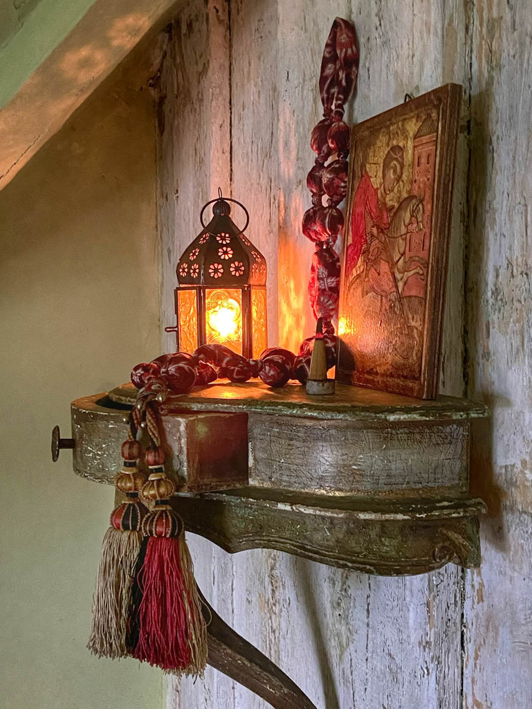 Aesthetic Movement inspired long silk sautoir necklace with antique tassel embellishment. Bohemian style from vintage textiles by Pavilion Parade. 