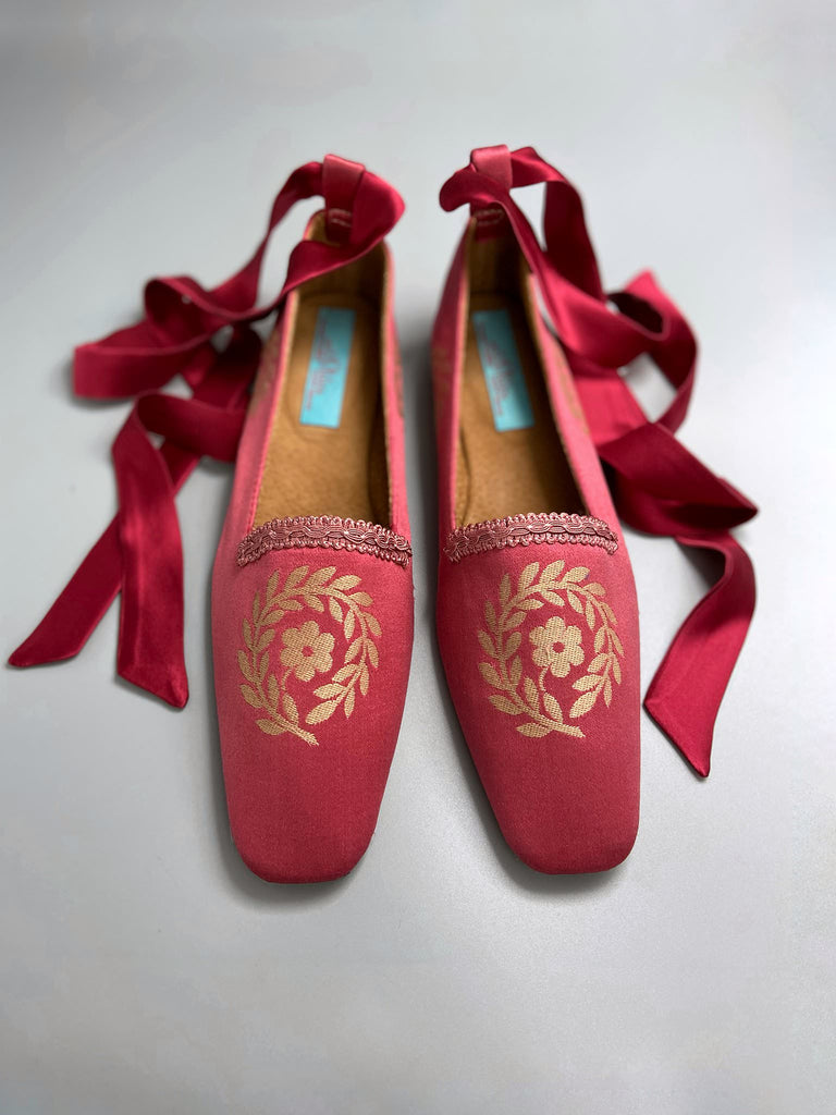 Coral silk baroque dancing slippers with pale gold laurel wreath motif and silk satin ankle ribbons. Bohemian style created from antique textiles by the Pavilion Parade studio