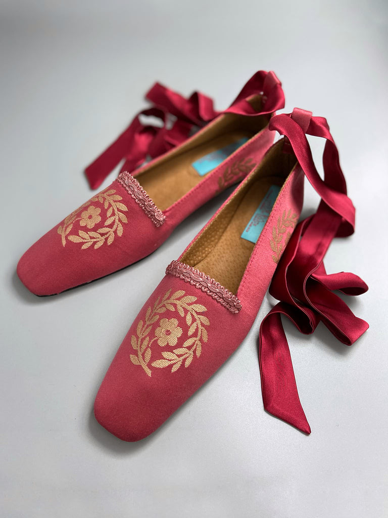 Coral silk baroque dancing slippers with pale gold laurel wreath motif and silk satin ankle ribbons. Bohemian style created from antique textiles by the Pavilion Parade studio
