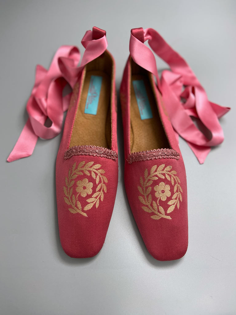 Coral silk baroque dancing slippers with pale gold laurel wreath motif and silk satin ankle ribbons. Bohemian style created from antique textiles by the Pavilion Parade studio