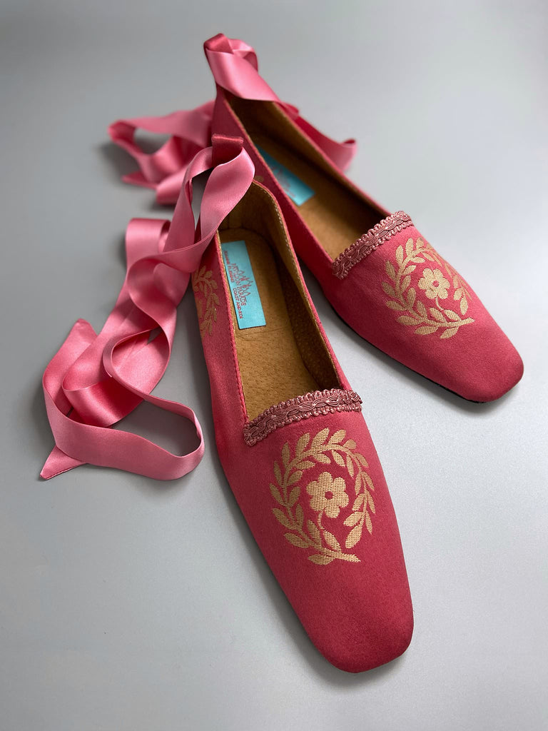 Coral silk baroque dancing slippers with pale gold laurel wreath motif and silk satin ankle ribbons. Bohemian style created from antique textiles by the Pavilion Parade studio