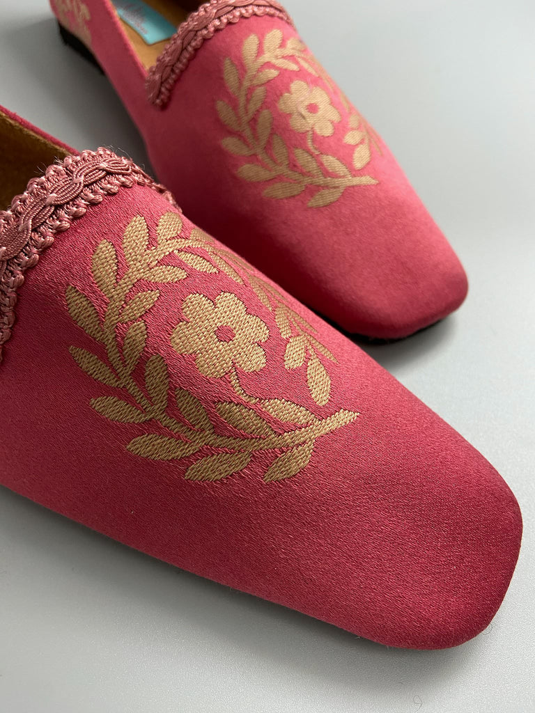 Coral silk baroque dancing slippers with pale gold laurel wreath motif and silk satin ankle ribbons. Bohemian style created from antique textiles by the Pavilion Parade studio