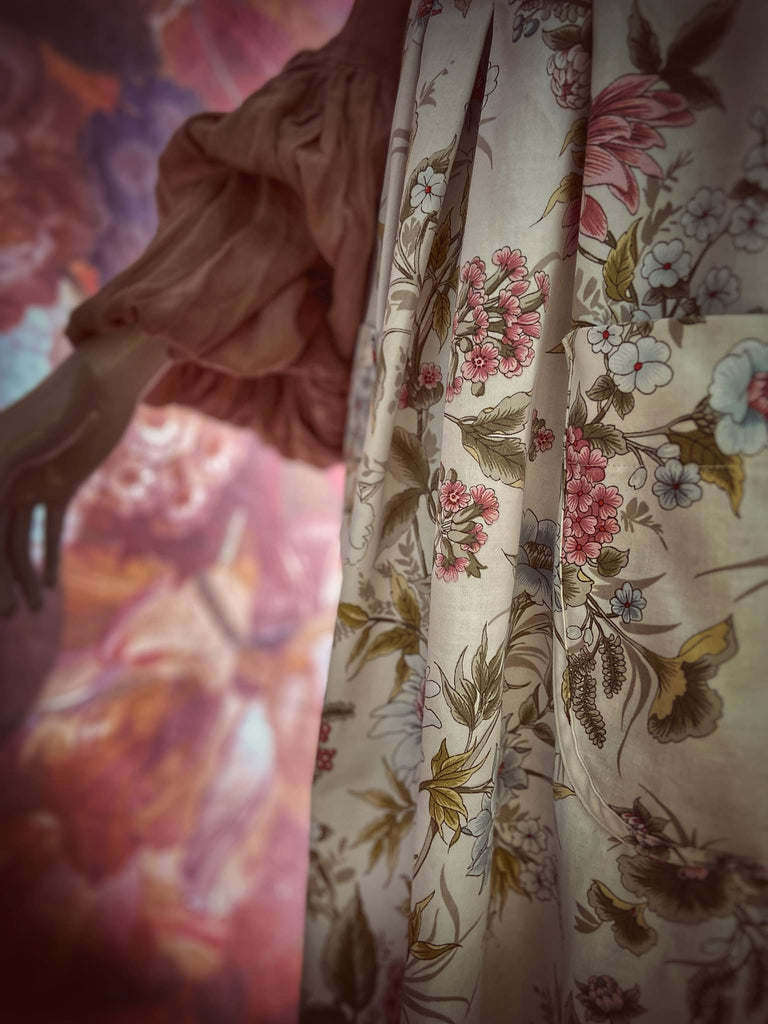 Romantic cottage garden overalls created from vintage deadstock floral cotton. Bohemian style from antique textiles by the Pavilion Parade studio.