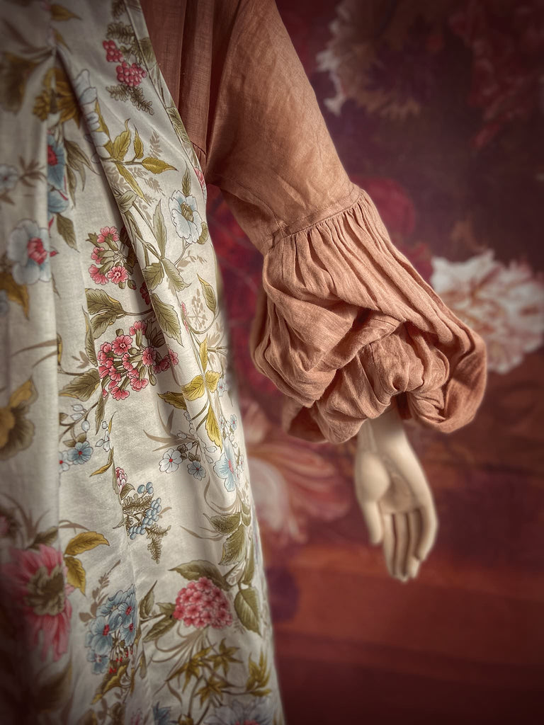 Romantic cottage garden overalls created from vintage deadstock floral cotton. Bohemian style from antique textiles by the Pavilion Parade studio.