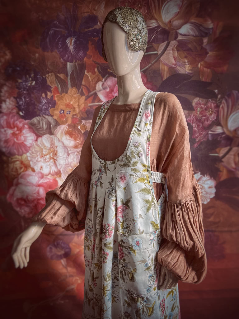 Romantic cottage garden overalls created from vintage deadstock floral cotton. Bohemian style from antique textiles by the Pavilion Parade studio.