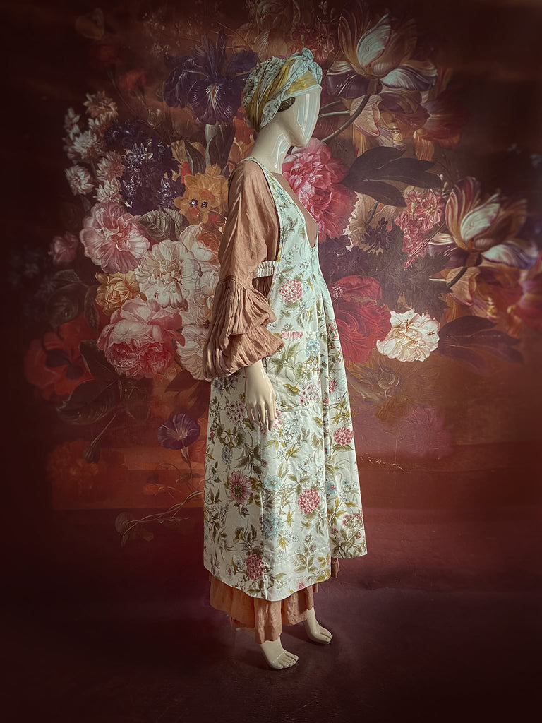 Romantic cottage garden overalls created from vintage deadstock floral cotton. Bohemian style from antique textiles by the Pavilion Parade studio.