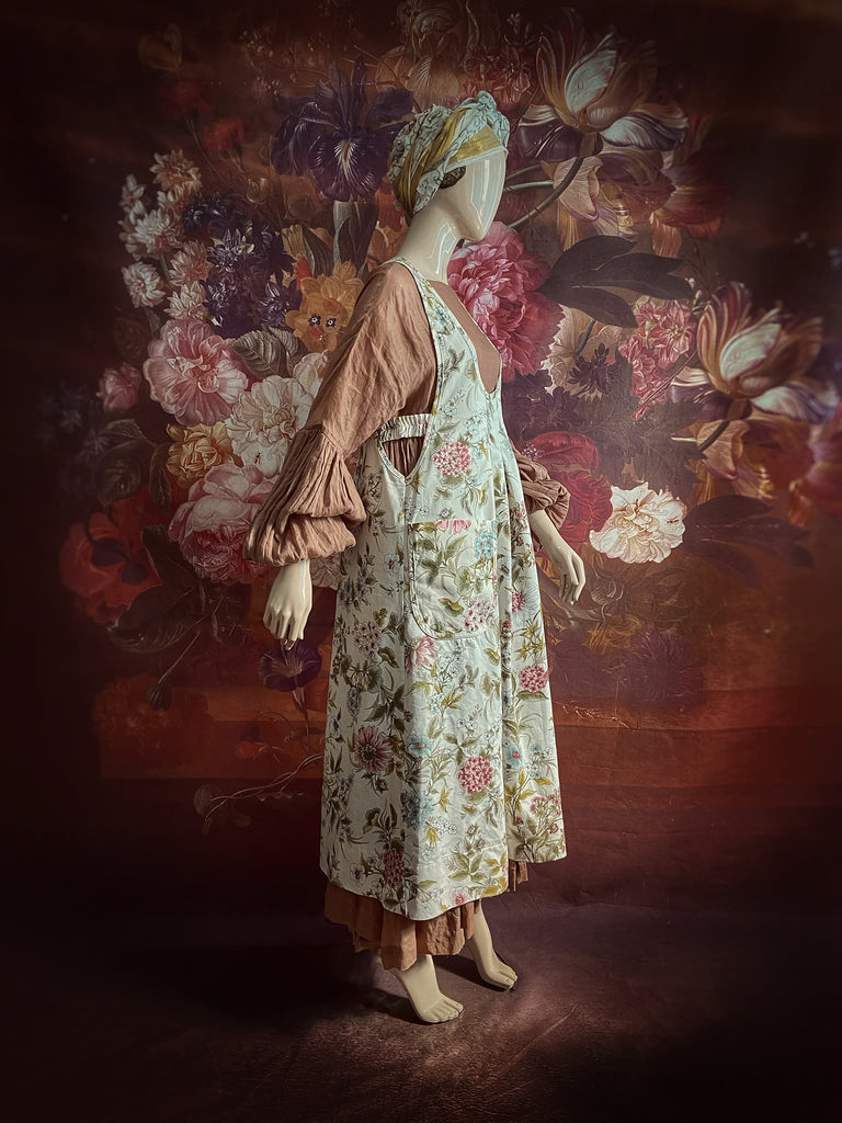 Romantic cottage garden overalls created from vintage deadstock floral cotton. Bohemian style from antique textiles by the Pavilion Parade studio.