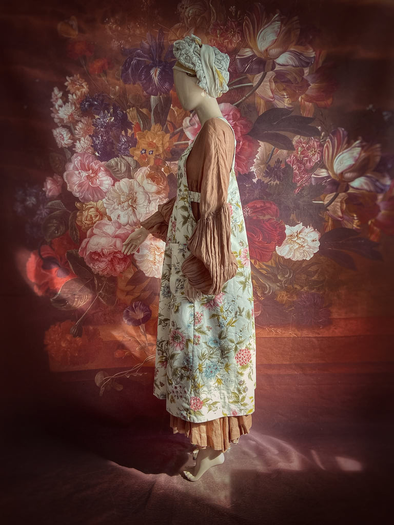 Romantic cottage garden overalls created from vintage deadstock floral cotton. Bohemian style from antique textiles by the Pavilion Parade studio.