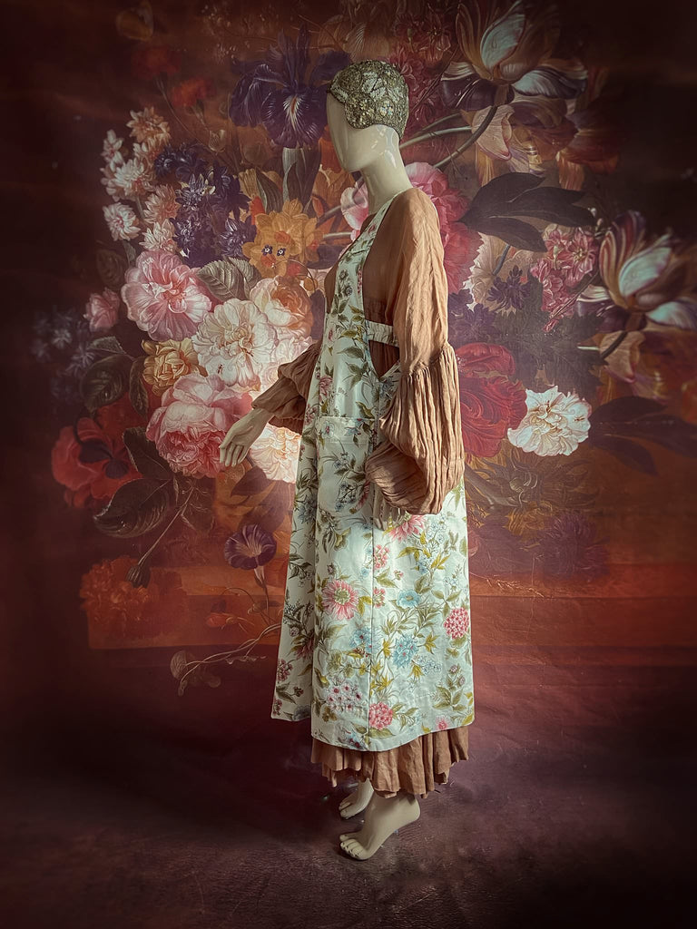 Romantic cottage garden overalls created from vintage deadstock floral cotton. Bohemian style from antique textiles by the Pavilion Parade studio.