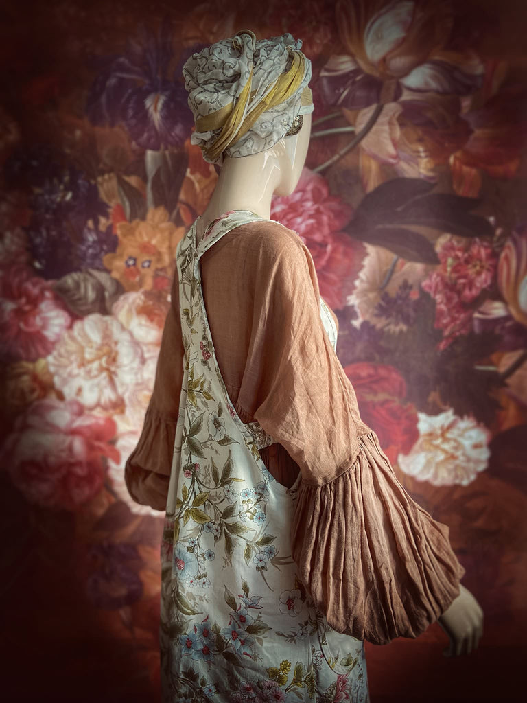 Romantic cottage garden overalls created from vintage deadstock floral cotton. Bohemian style from antique textiles by the Pavilion Parade studio.