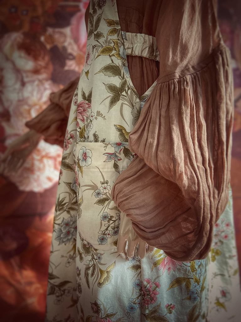 Romantic cottage garden overalls created from vintage deadstock floral cotton. Bohemian style from antique textiles by the Pavilion Parade studio.