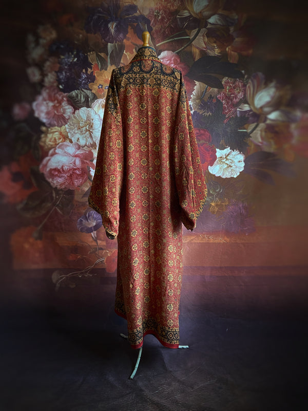 1920s inspired silk kimono robe created from vintage black, mustard, and dark sienna red silk crepe. Unique bohemian designs from the Pavilion Parade studio.