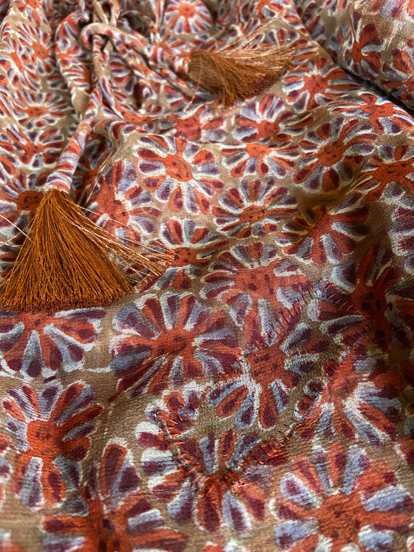 Cinnamon and caramel silk georgette Pierrot blouse with long full sleeves and adjustable drawstring frilled neckline. Bohemian styles sustainably created from antique and vintage textiles by the Pavilion Parade studio. 