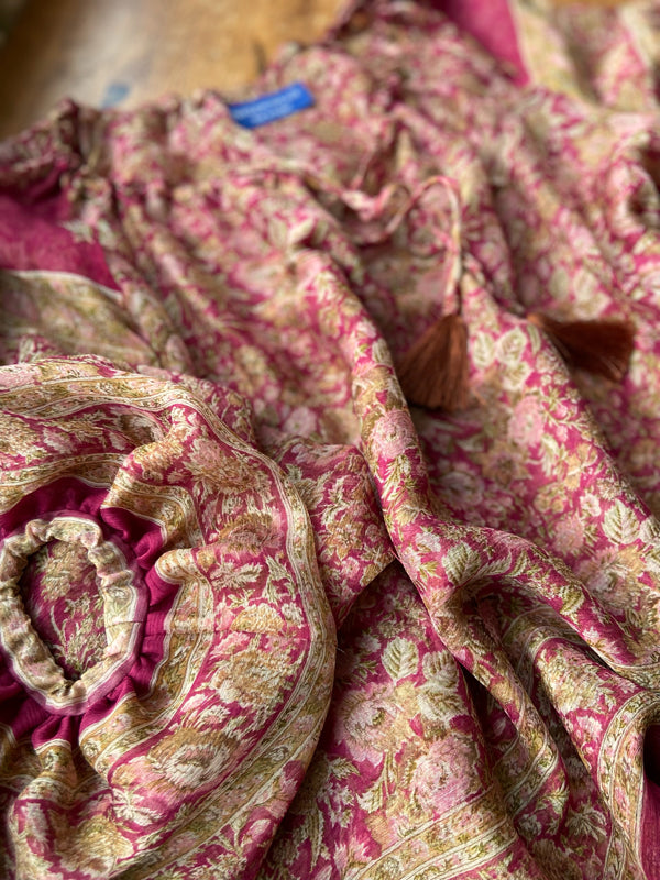 Rose pink & chartreuse silk chiffon blouse with long full sleeves and adjustable drawstring neckline. Bohemian styles sustainably created from antique and vintage textiles by the Pavilion Parade studio. 