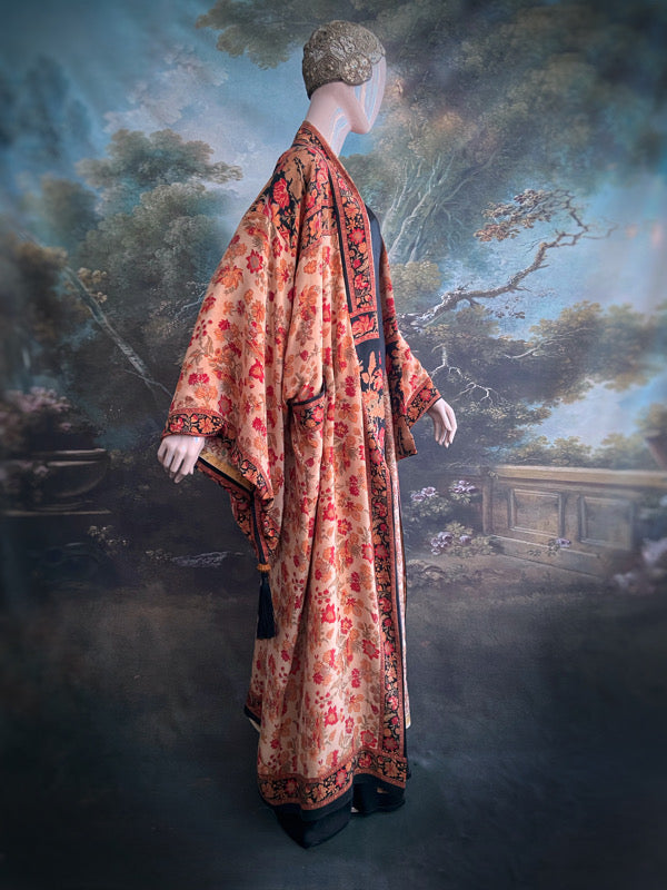 1920s inspired silk kimono robe with tassel sleeves, created from vintage scarlet, pumpkin and antique ivory silk crepe. Unique bohemian designs from the Pavilion Parade studio.