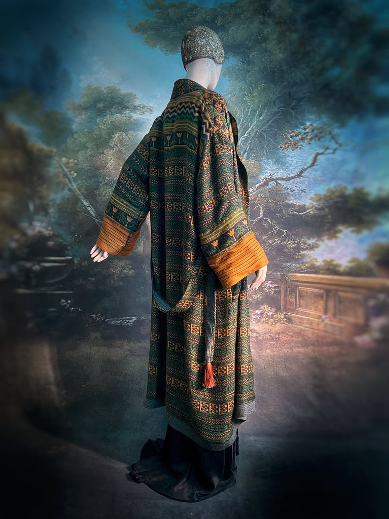 Dark green, black and saffron fine wool dressing robe with silk lining and tassel sash. Bohemian style created from vintage textiles by Pavilion Parade 