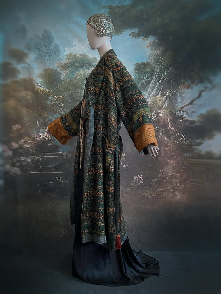 Dark green, black and saffron fine wool dressing robe with silk lining and tassel sash. Bohemian style created from vintage textiles by Pavilion Parade 