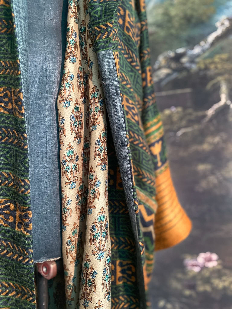 Dark green, black and saffron fine wool dressing robe with silk lining and tassel sash. Bohemian style created from vintage textiles by Pavilion Parade 