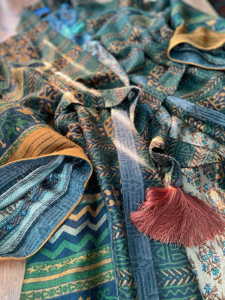 Dark green, black and saffron fine wool dressing robe with silk lining and tassel sash. Bohemian style created from vintage textiles by Pavilion Parade 