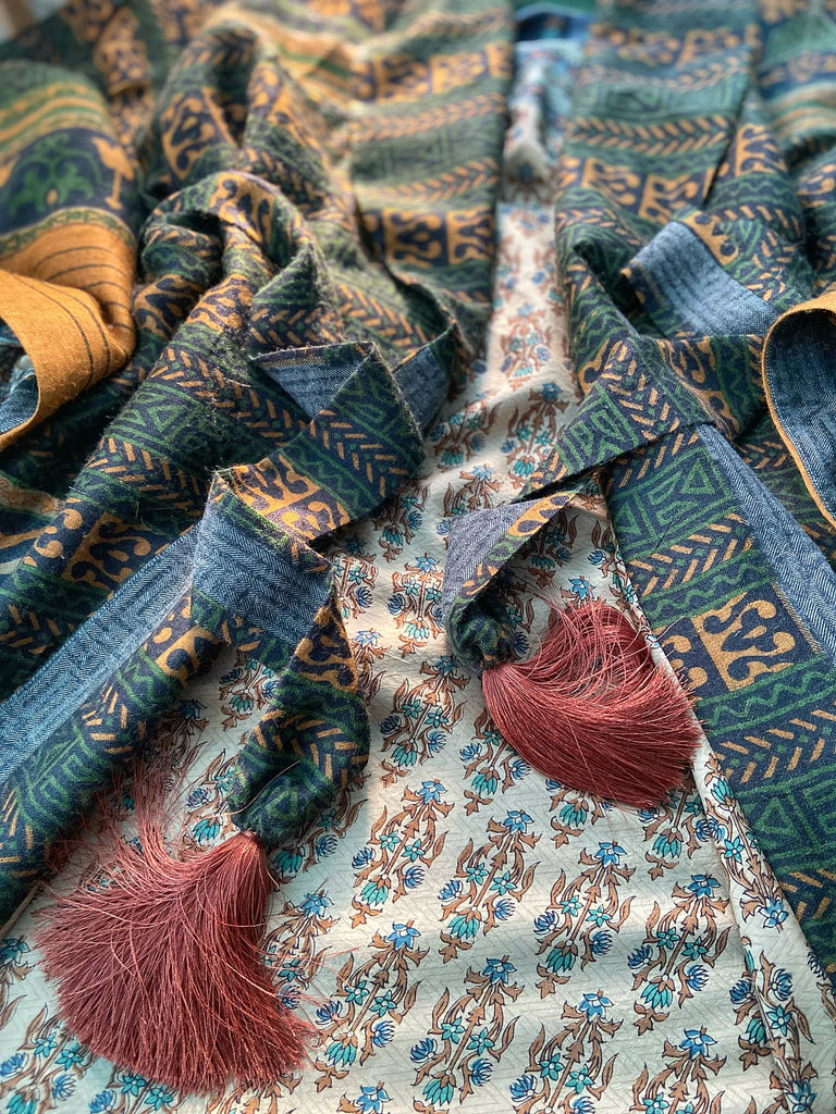 Dark green, black and saffron fine wool dressing robe with silk lining and tassel sash. Bohemian style created from vintage textiles by Pavilion Parade 