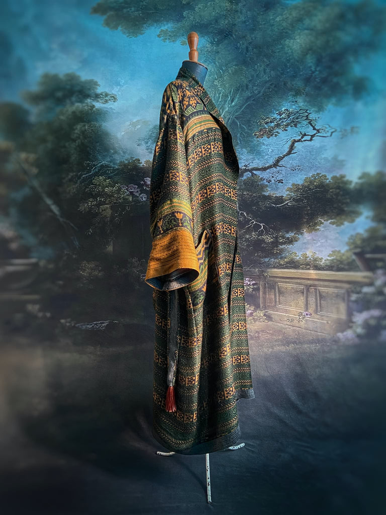 Dark green, black and saffron fine wool dressing robe with silk lining and tassel sash. Bohemian style created from vintage textiles by Pavilion Parade 