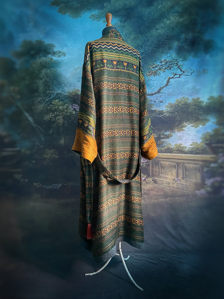 Dark green, black and saffron fine wool dressing robe with silk lining and tassel sash. Bohemian style created from vintage textiles by Pavilion Parade 