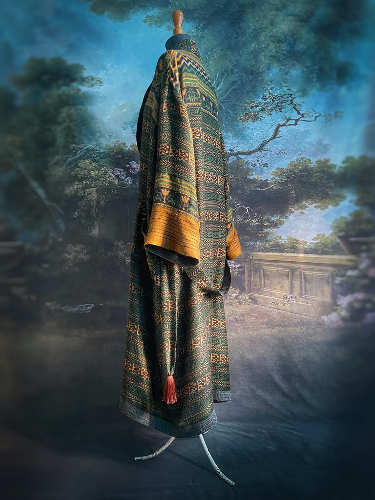Dark green, black and saffron fine wool dressing robe with silk lining and tassel sash. Bohemian style created from vintage textiles by Pavilion Parade 