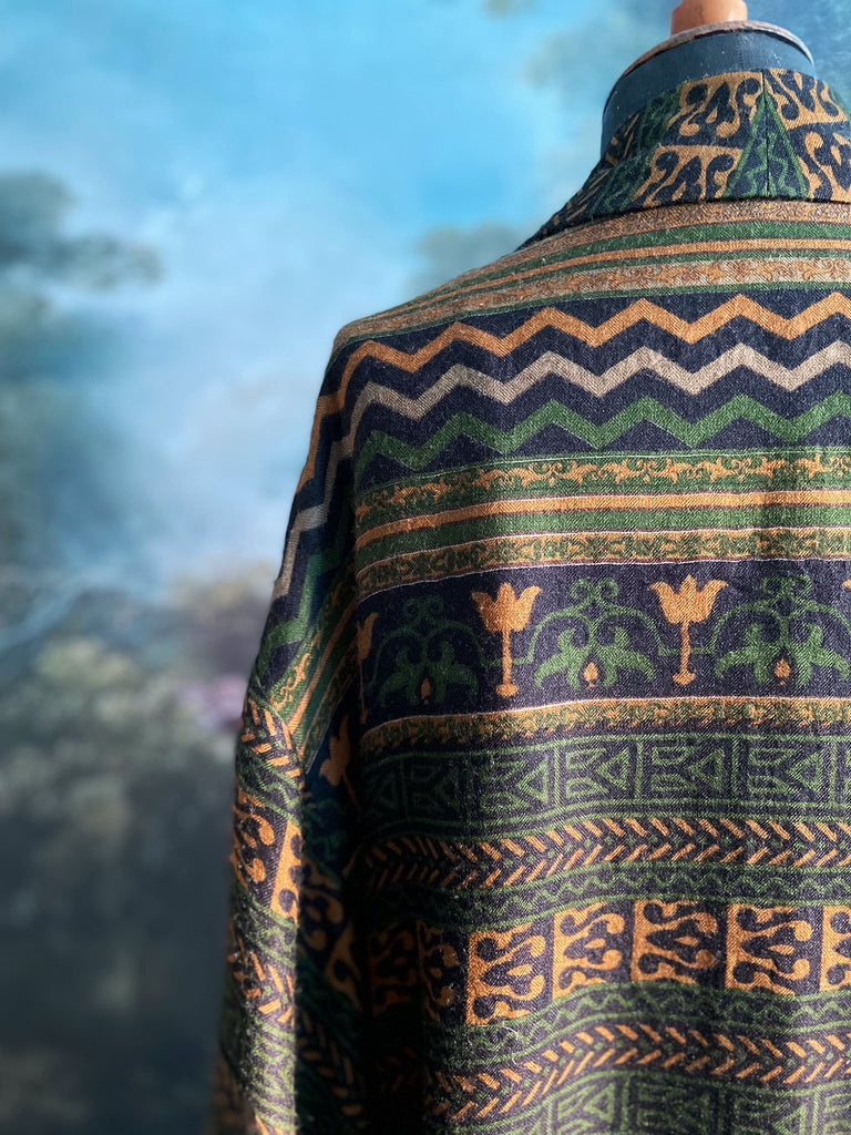 Dark green, black and saffron fine wool dressing robe with silk lining and tassel sash. Bohemian style created from vintage textiles by Pavilion Parade 