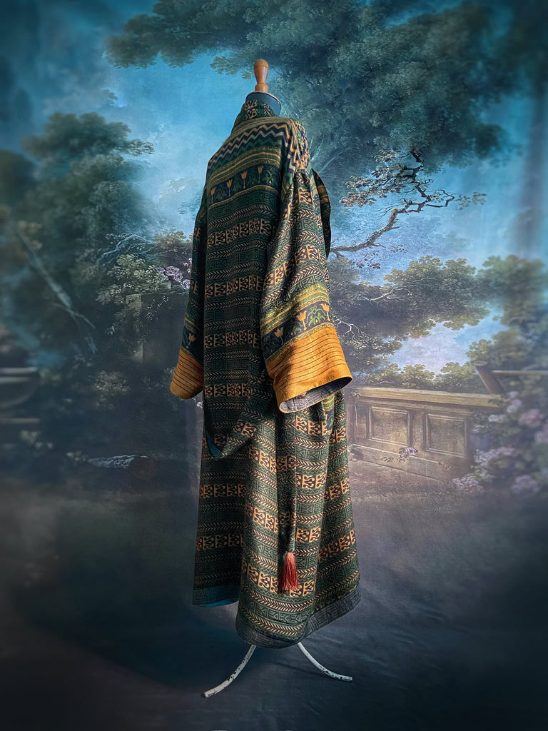 Dark green, black and saffron fine wool dressing robe with silk lining and tassel sash. Bohemian style created from vintage textiles by Pavilion Parade 