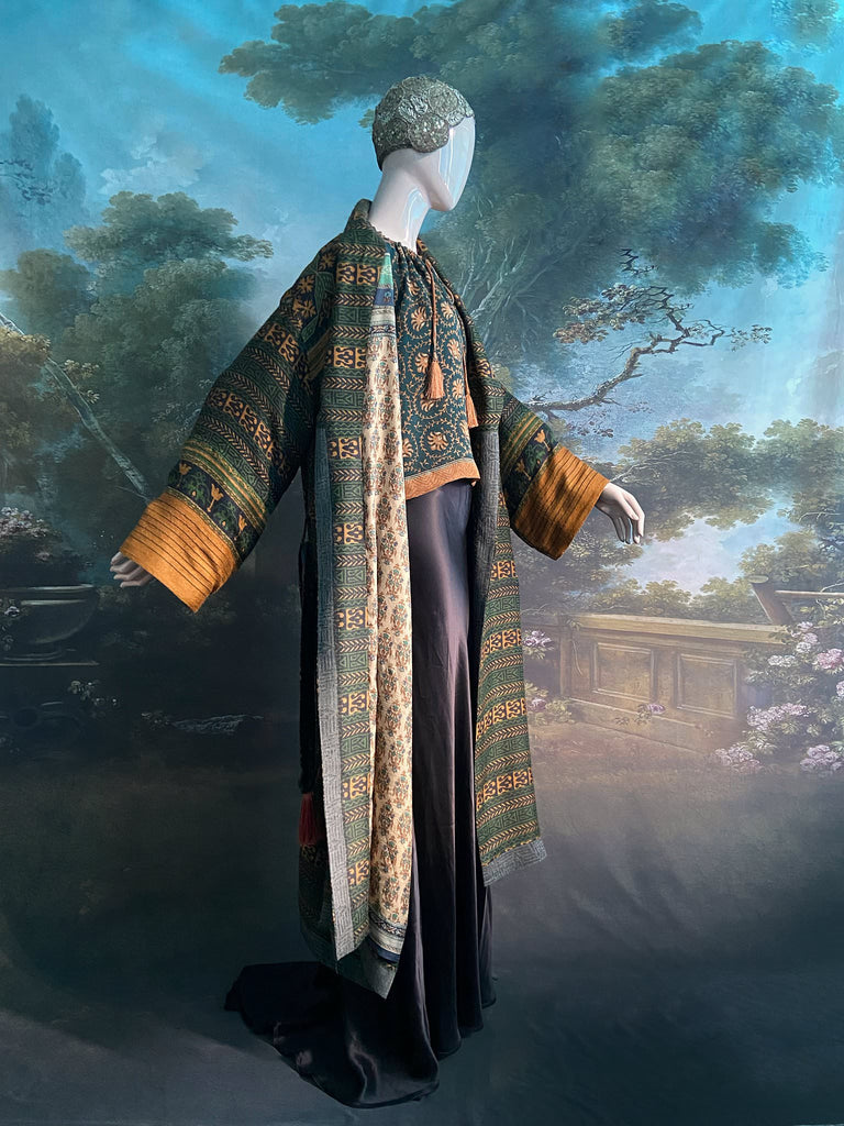 Dark green, black and saffron fine wool dressing robe with silk lining and tassel sash. Bohemian style created from vintage textiles by Pavilion Parade 
