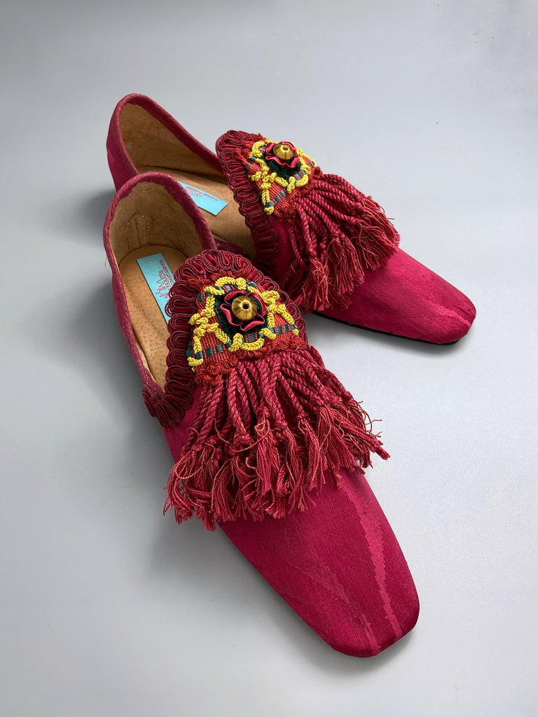 Dark red antique silk shoes with antique Florentine tassel passementerie braid embellishment. Bohemian styles by Pavilion Parade