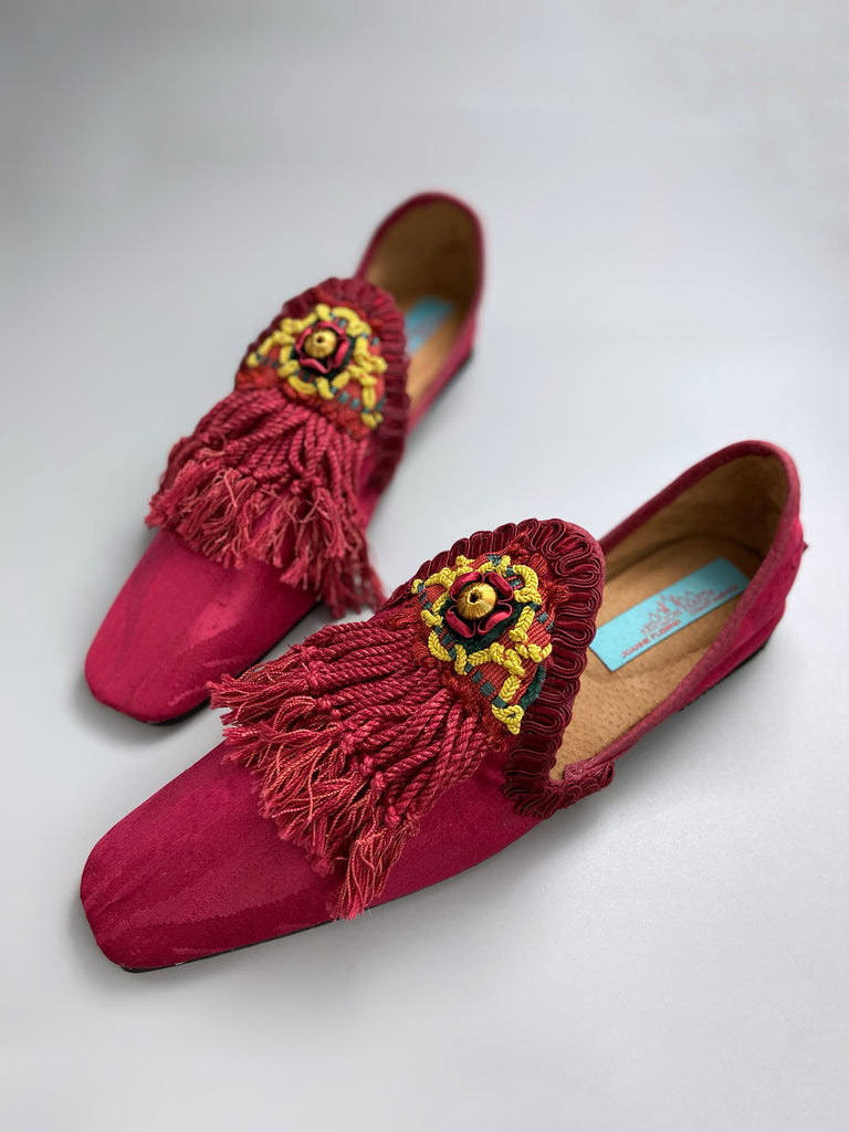 Dark red antique silk shoes with antique Florentine tassel passementerie braid embellishment. Bohemian styles by Pavilion Parade