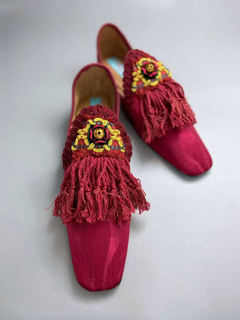 Dark red antique silk shoes with antique Florentine tassel passementerie braid embellishment. Bohemian styles by Pavilion Parade