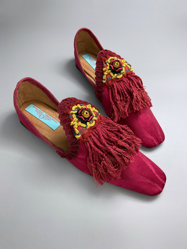 Dark red antique silk shoes with antique Florentine tassel passementerie braid embellishment. Bohemian styles by Pavilion Parade