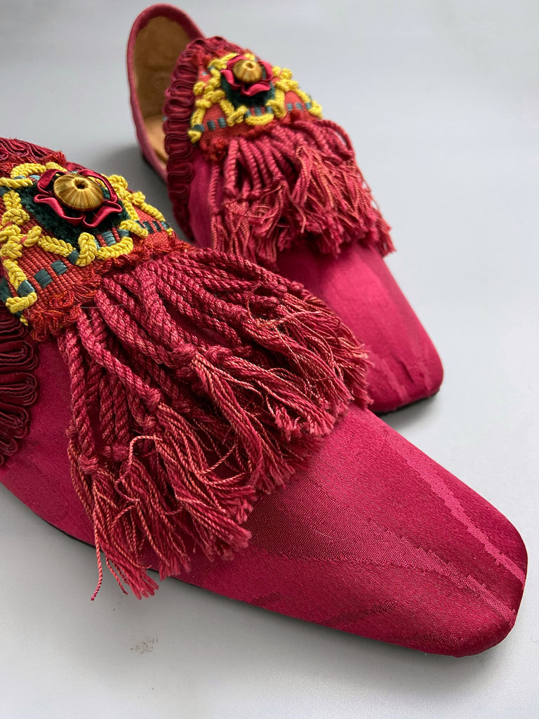 Dark red antique silk shoes with antique Florentine tassel passementerie braid embellishment. Bohemian styles by Pavilion Parade