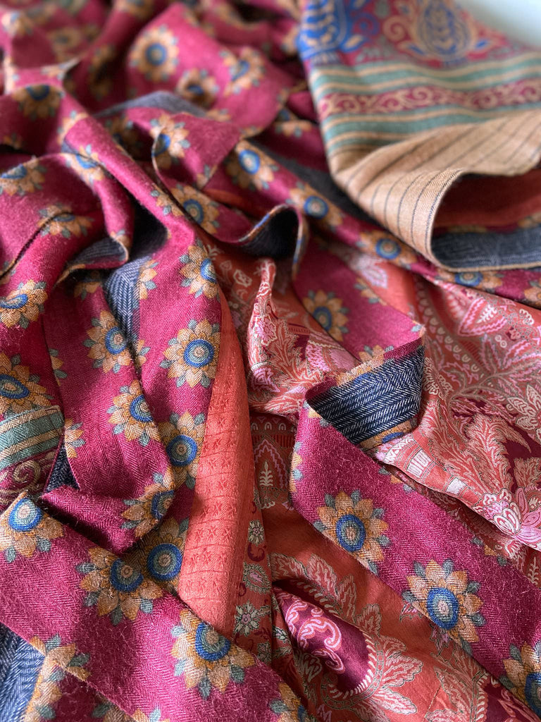 Dark claret red and sapphire blue fine wool luxury dressing robe. Lined in silk and sustainably created from antique and vintage textiles by the Pavilion Parade studio.