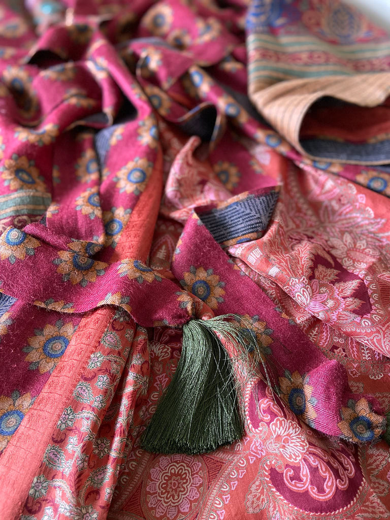 Dark claret red and sapphire blue fine wool luxury dressing robe. Lined in silk and sustainably created from antique and vintage textiles by the Pavilion Parade studio.