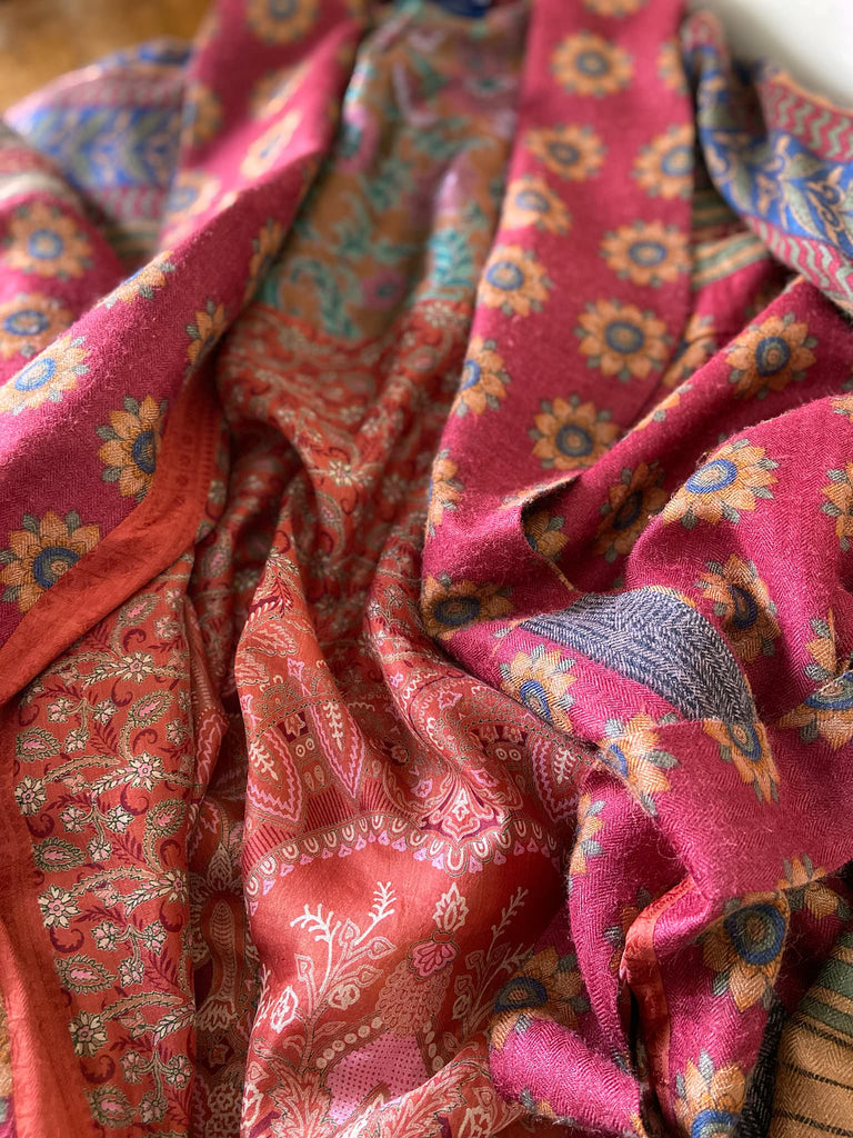 Dark claret red and sapphire blue fine wool luxury dressing robe. Lined in silk and sustainably created from antique and vintage textiles by the Pavilion Parade studio.