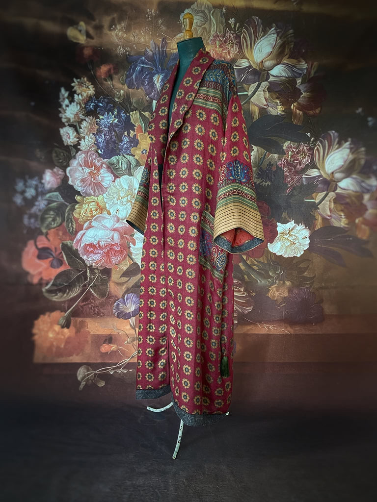 Dark claret red and sapphire blue fine wool luxury dressing robe. Lined in silk and sustainably created from antique and vintage textiles by the Pavilion Parade studio.