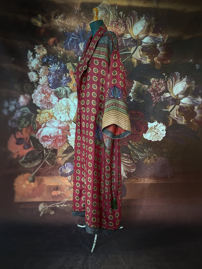 Dark claret red and sapphire blue fine wool luxury dressing robe. Lined in silk and sustainably created from antique and vintage textiles by the Pavilion Parade studio.