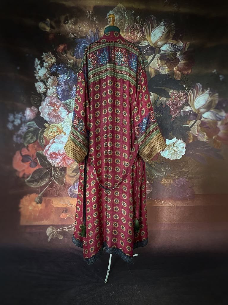 Dark claret red and sapphire blue fine wool luxury dressing robe. Lined in silk and sustainably created from antique and vintage textiles by the Pavilion Parade studio.