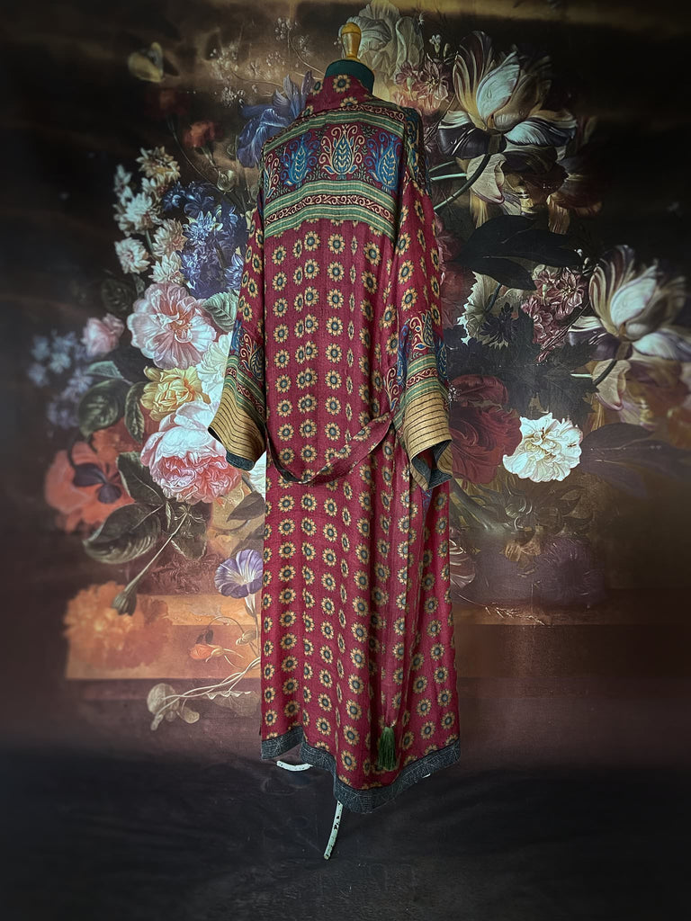 Dark claret red and sapphire blue fine wool luxury dressing robe. Lined in silk and sustainably created from antique and vintage textiles by the Pavilion Parade studio.