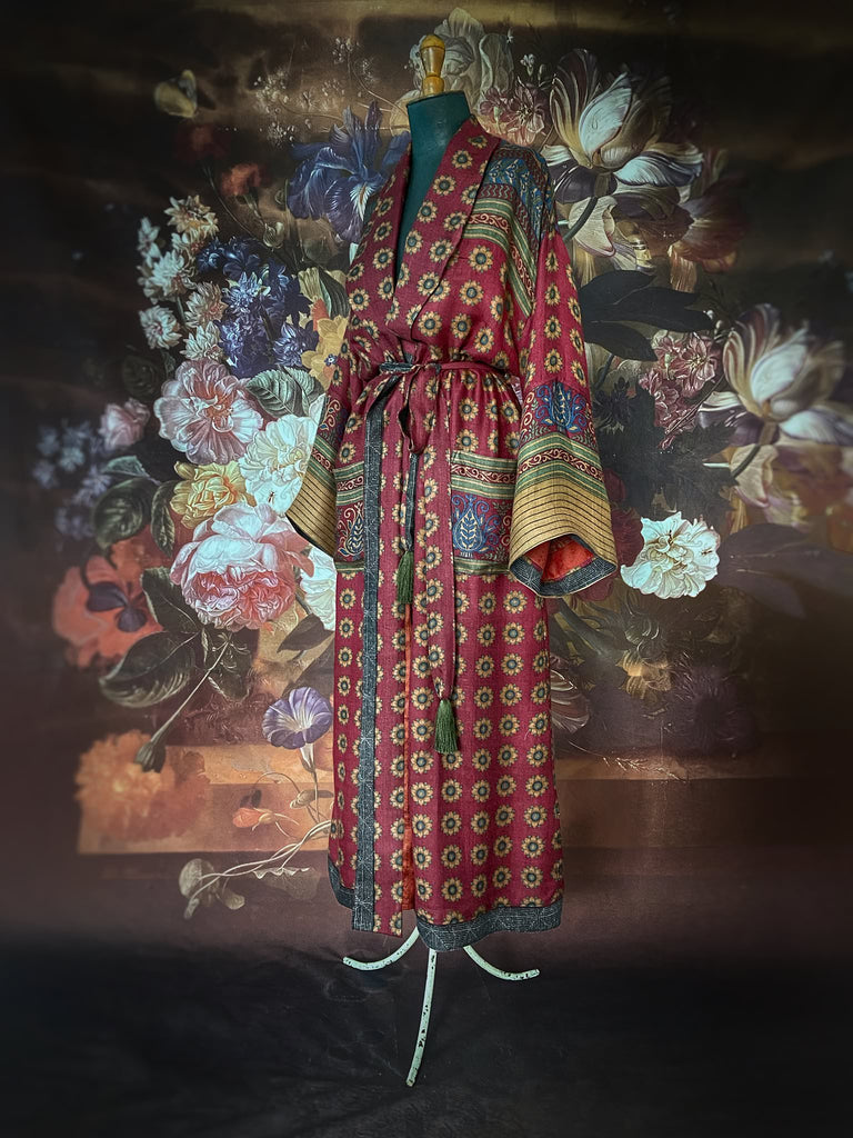 Dark claret red and sapphire blue fine wool luxury dressing robe. Lined in silk and sustainably created from antique and vintage textiles by the Pavilion Parade studio.