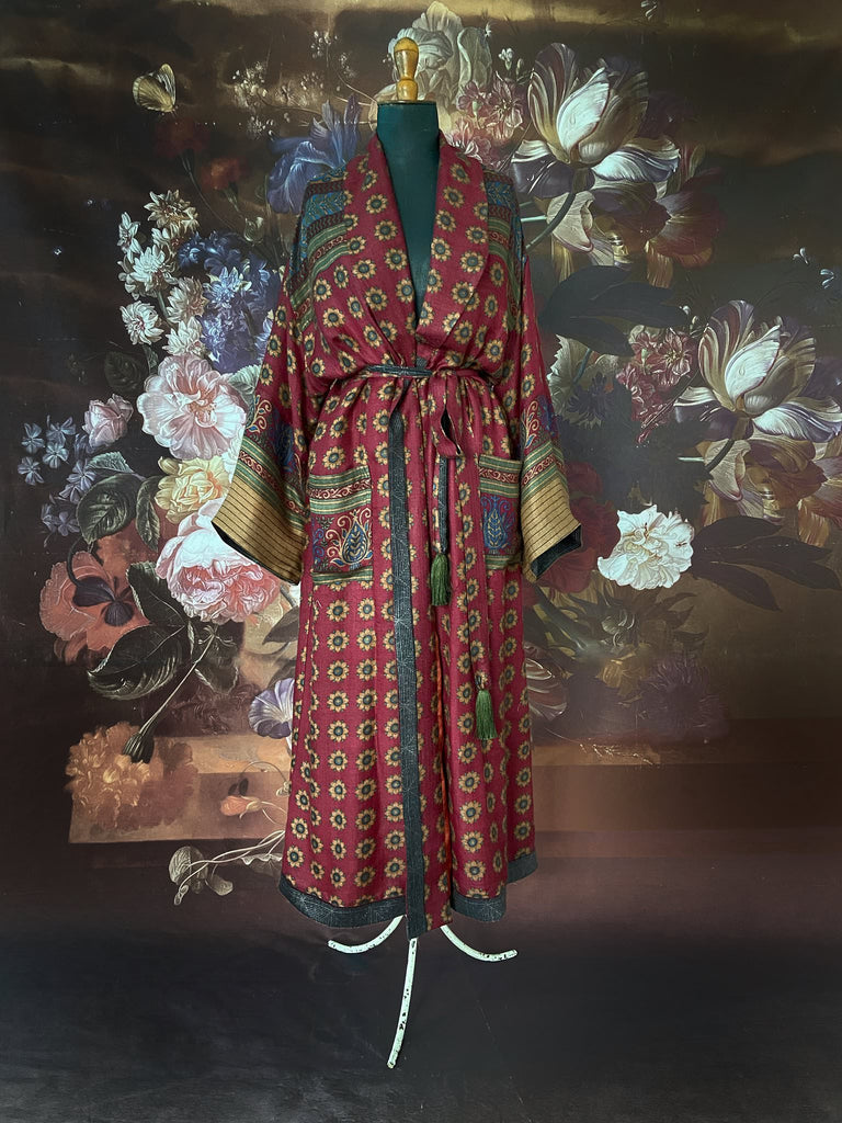 Dark claret red and sapphire blue fine wool luxury dressing robe. Lined in silk and sustainably created from antique and vintage textiles by the Pavilion Parade studio.