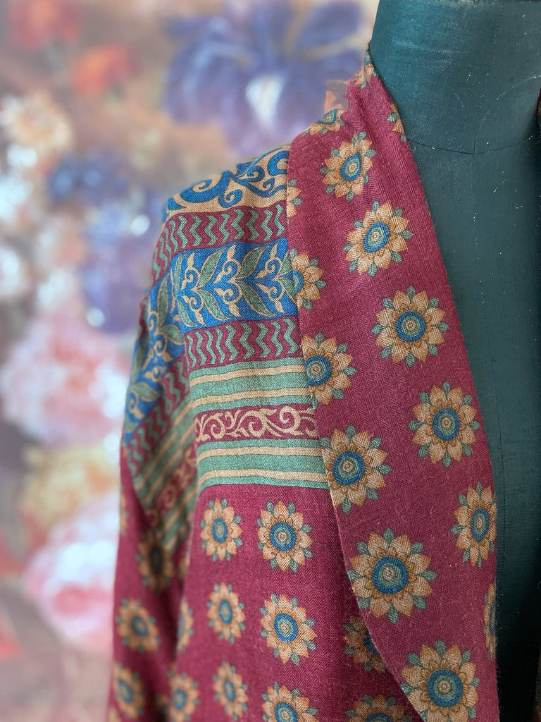 Dark claret red and sapphire blue fine wool luxury dressing robe. Lined in silk and sustainably created from antique and vintage textiles by the Pavilion Parade studio.