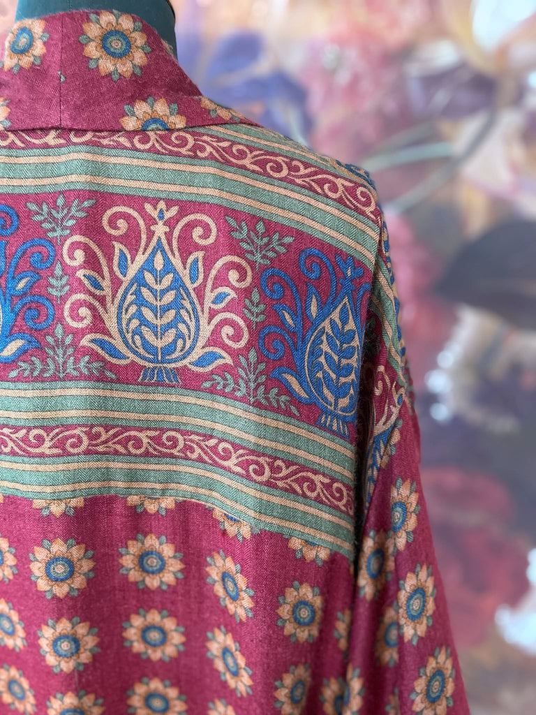 Dark claret red and sapphire blue fine wool luxury dressing robe. Lined in silk and sustainably created from antique and vintage textiles by the Pavilion Parade studio.