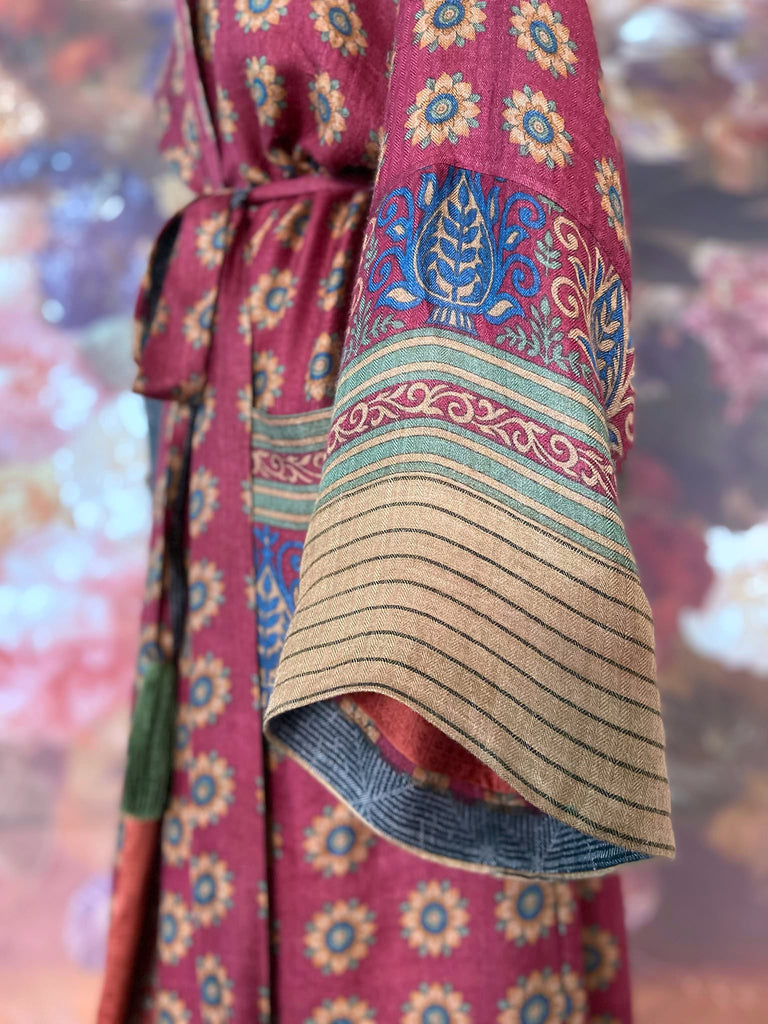 Dark claret red and sapphire blue fine wool luxury dressing robe. Lined in silk and sustainably created from antique and vintage textiles by the Pavilion Parade studio.