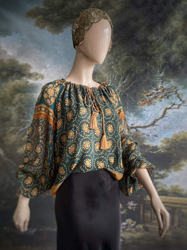Dark teal green and ochre silk georgette blouse with long full sleeves and adjustable drawstring neckline. Bohemian styles sustainably created from antique and vintage textiles by the Pavilion Parade studio. 